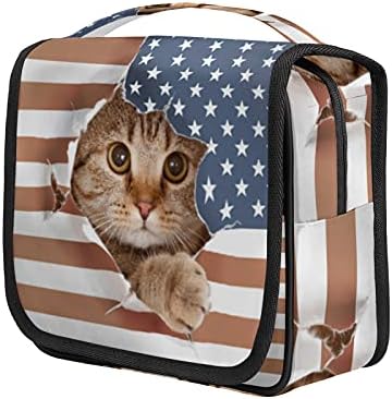 Pungă de toaletă agățată American Flag Cat Capacitate mare cu apă cosmetică Ipetic Bag de călătorie Portabil machiaj Bag pentru