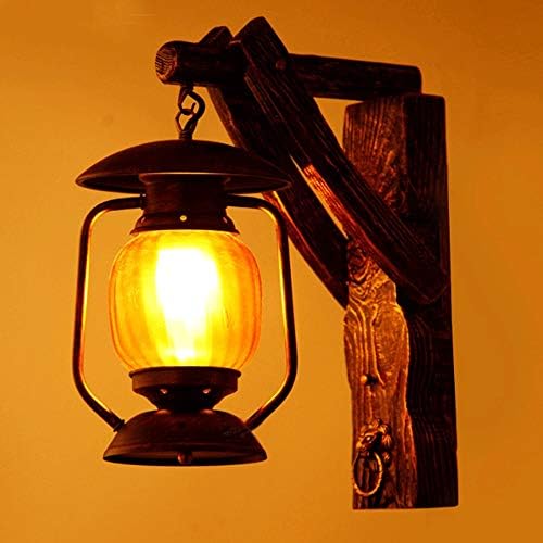 Lampă de perete industrială Vintage E27 din lemn masiv + lanternă de perete din sticlă decor creativ de artă neagră aplice