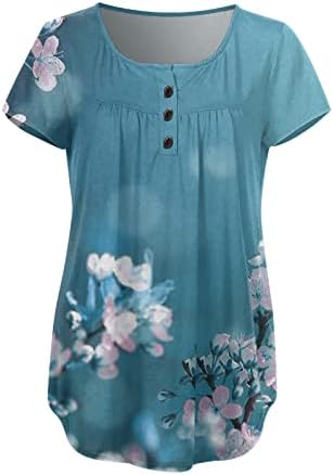 Femei de vară cu gât scăzut topuri cu mânecă scurtă tricou cu imprimeu floral cu cataramă plisă casual slim bluză pentru adolescență