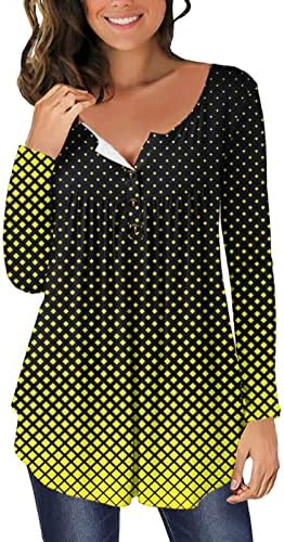 Topuri cu mânecă lungă pentru femei, bluze casual casual flux de butoane v gât henley tricou rombus dot gradient tunic ruched