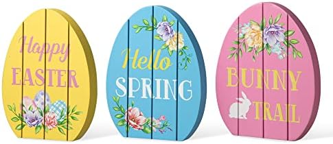 Glitzhome 3pcs Easter Egg Table semne din lemn, 7.50 h Happy Easter Block decoratiuni, de sine statatoare Paști etajate tava