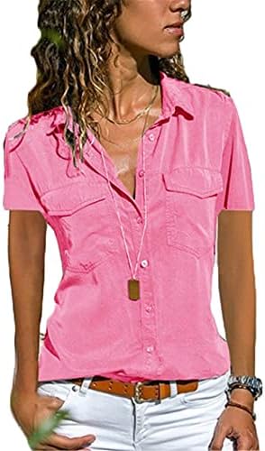 Andongnywell pentru femei butonul din față cămăși cu mânecă scurtă tunică toaspele bluze cămăși cu bluză cu buzunar
