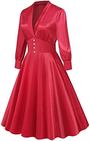 1950 s rochie roșie Vintage pentru femei Satin rochii de seara elegante V gât Maneca lunga Cocktail talie mare Swing Rochie