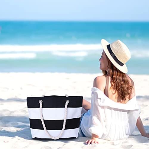 Q30ILW Geantă de plajă cu dungi tropicale pentru femei pentru femei pungi reutilizabile pentru umăr reutilizabile cu buzunar