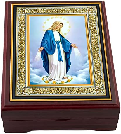Cutie de rozariu Needzo Our Lady of Grace Wood Icon Box pentru bijuterii de rozary Rugăciunea de margele Keepsake Cutie 5 1/16