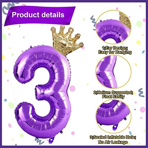 40in violet 3 număr baloane baloane coroană decorațiuni 3 ani de naștere pentru fete pentru femei folie mylar balon violet
