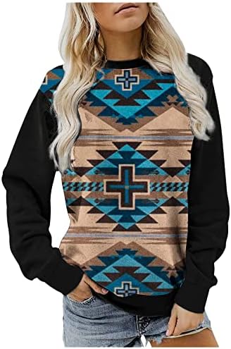Oplxuo Women’s Aztec Hanorac Tricou cu mânecă lungă cu mânecă lungă Tricou Western Corse Pullover Cowgirl Hanorace