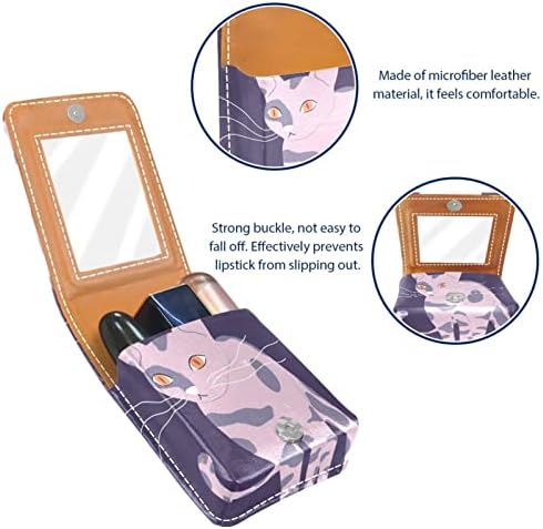 ORYUEKAN ruj caz cu oglinda drăguț portabil machiaj Sac cosmetice Husă, desene animate minunat Animal pisica Violet moderne