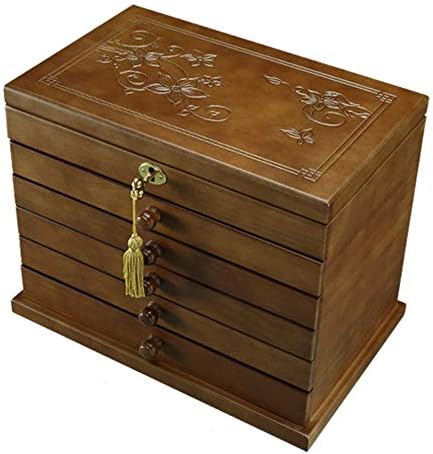 QTT cutii de bijuterii mari, cutii de bijuterii din lemn sculptate cu 6 straturi de bijuterii din lemn închis, cutia de depozitare