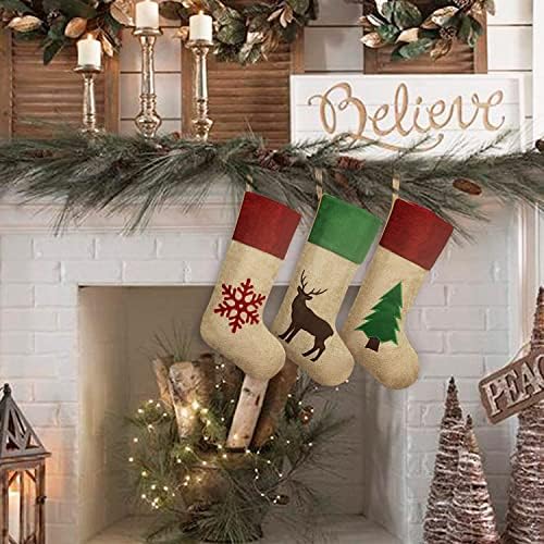 Ciorapi de Crăciun ivenf, 3 PC -uri de 18 inci mare verde roșu verde, cu ciorapi de fulgi de zăpadă de copaci, pentru decorațiuni