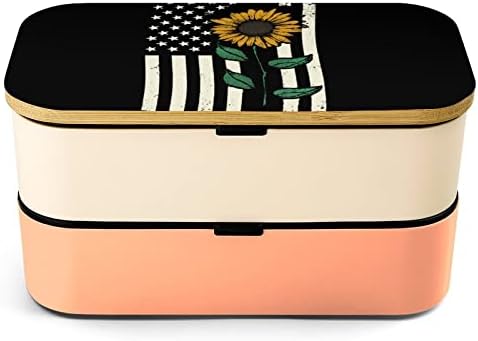 Floarea -soarelui cu American Flag Double Layer Bento Box cu set de ustensile Container de prânz Stackable include 2 containere