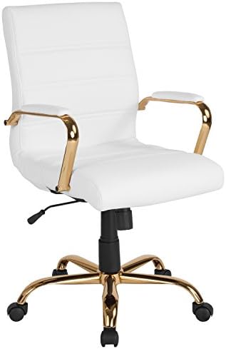 Mobilier Flash Whitney Mid-Back scaun de birou-scaun de birou pivotant Executiv Leathersoft alb cu cadru auriu-scaun cu braț pivotant