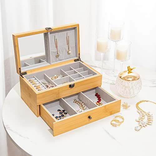 YOAYO cutie de bijuterii din bambus Natural cu oglindă și sertar organizator de bijuterii cu 2 straturi cu blocare cutie de