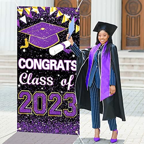 73 x 36 Inch Purple Congrats Grad Class of 2023 semn fundal Banner copertă ușă, decorațiuni pentru petrecerea de absolvire