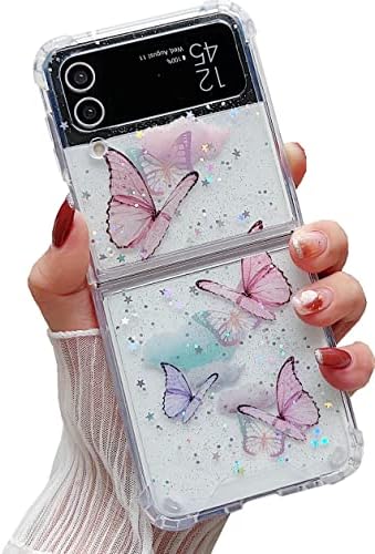 Shinymore Galaxy Z Flip 3 caz clar, drăguț destul de fluture sclipici rezistent la șocuri moale flexibil cauciuc fete femei