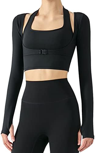 Femei Stretch Cutout Yoga Sport jacheta Maneca lunga Crop Top tricouri cu degetul mare găuri