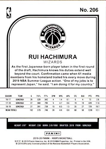 2019-20 Panini NBA Hoops 206 Rui Hachimura Washington Wizards Rookie Basketball Card
