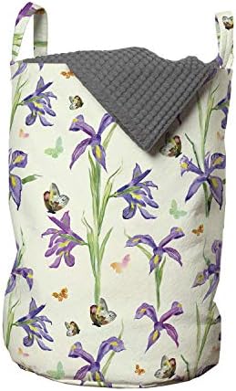 Lunarable primăvară spălătorie sac, Iris flori portocaliu Albatros Păun fluture acuarelă pictat Design, Coș împiedică cu mânere