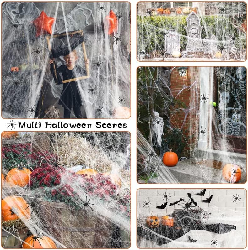 1500 mp de păianjeni de păianjen Bonus de decorațiuni de Halloween cu 160 de păianjeni falsi, cobwebs super întins pentru decor