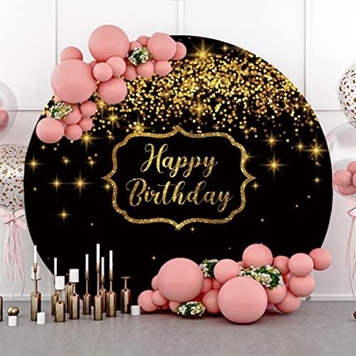 Yelee 6.5x6.5ft petrecere de aniversare fundal rotund copertă de glitter negru și aur la mulți ani