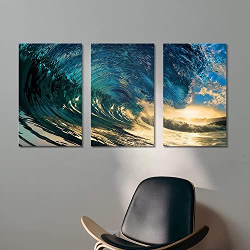 Ocean Wave Imagine Decor de perete: Artă de perete cu valuri albastre bleumarin pictură peisaj marin Sunrise Sea Artwork pentru