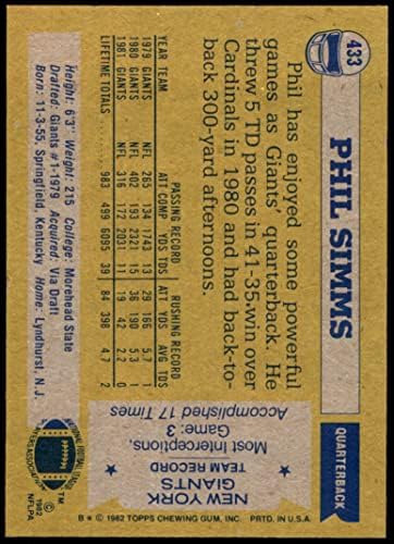 1982 Topps 433 Phil Simms New York Giants-FB NM Giants-FB Morehead St
