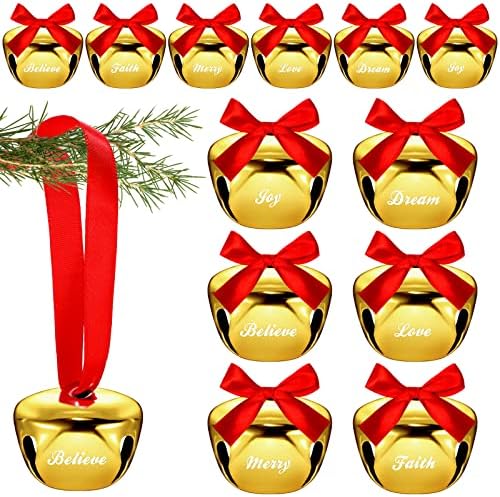 12 bucăți de 1,5 inci ornament de Crăciun clopot de sanie cu panglică roșie credință bucurie dragoste veste vis credință metaluri