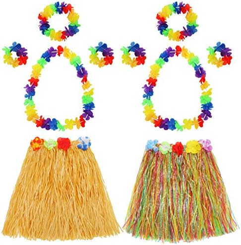 2 seturi Hula fuste Hawaiian iarba Luau dans fusta cu lei pentru femei Flori Bratari Headband Colier Set