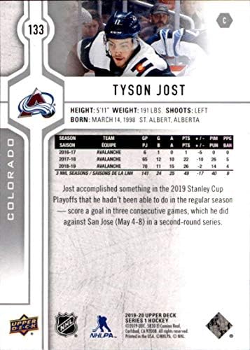 2019-20 Punctul superior #133 Tyson Jost Colorado Avalanche Card de hochei