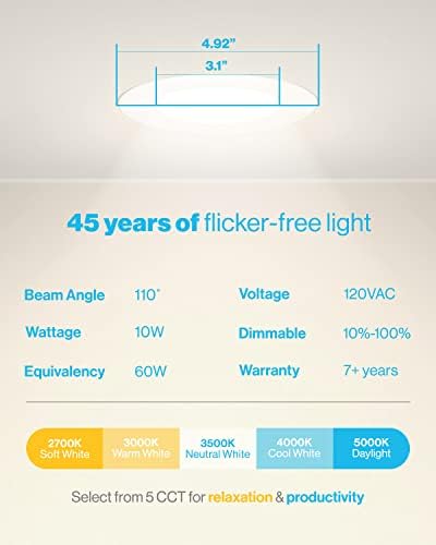 Sunco 24 Pack 4 Inch Ultra Thin LED încastrat plafon lumini Slim selectabil 2700k/3000k / 3500K / 4000K / 5000K Dimmable 10W=60W, neted Tapiterie Canless Wafer subțire cu Jbox, Energy Star