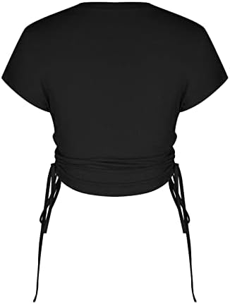 Femei Plisate Paperbag de hârtie Ruched Basic Cămașă de bază 2023 cu mânecă scurtă Crewneck pentru barcă bluză casual pentru