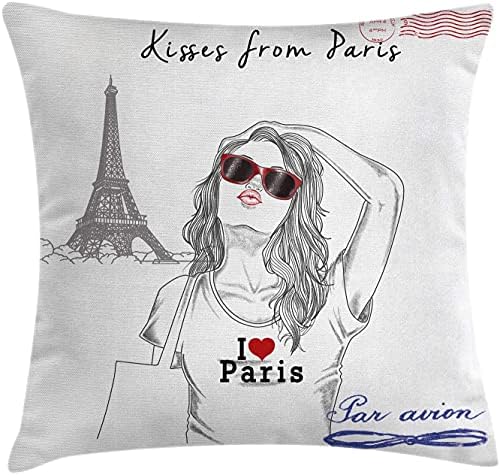 Coperta pernei de pernă Franța aruncă, sărutări de la Paris Fata tânără cu ochelari de soare care pozează în Fornt of Eiffel