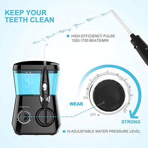 Irigator oral de apă de apă Turewell, 600 ml dentar de apă Curățător 10 Presiune reglabilă, Electric Dental Flosser Oral pentru