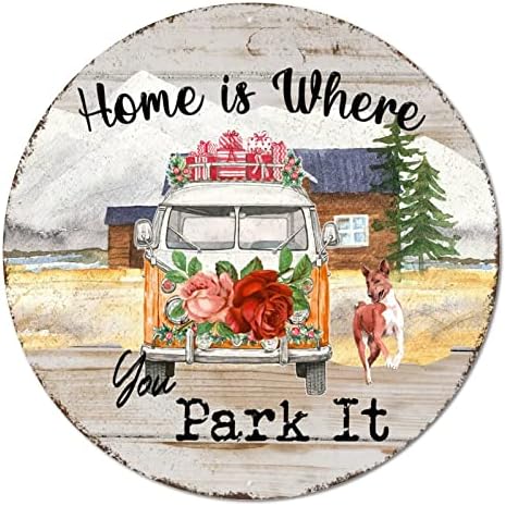 Round Metal Tin Sign Plaque Happy Campers Home este locul în care îl parchezi în camping Viață Vintage Coroană de coroană Artă
