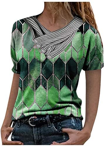 Femei vara maneca scurta T - Shirt Plus Dimensiune Tees tricouri Bloc Culoare mozaic Bluze V-Neck buton ciufulit Topuri
